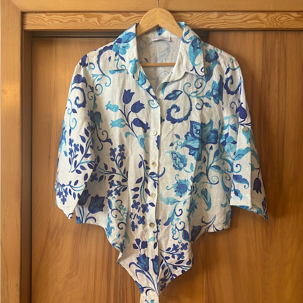 Linen Blouse, blue and white shirt, tie front Bolero spring Floral Button-Up top
